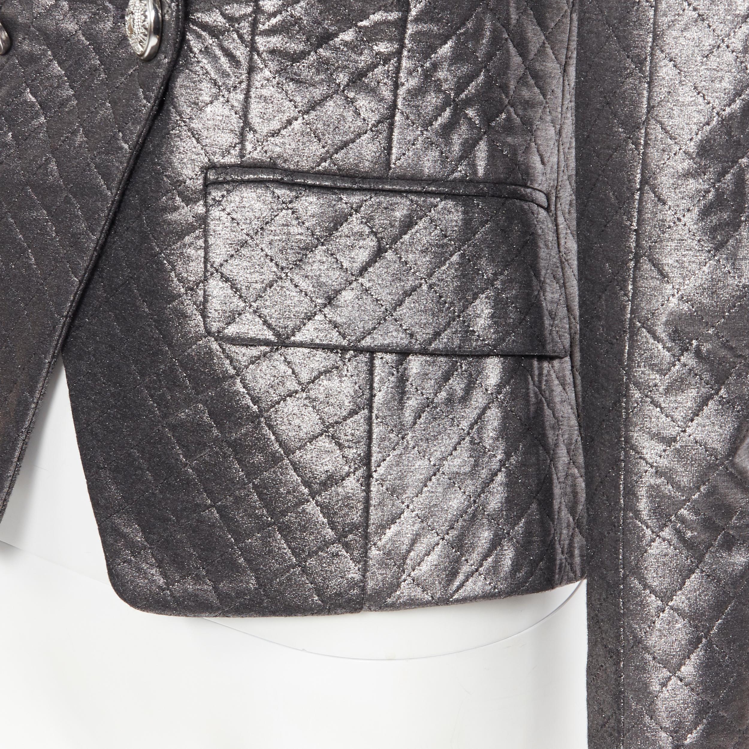 new BALMAIN gunmetal silver quilted military double breasted blazer jacket FR36 For Sale 3