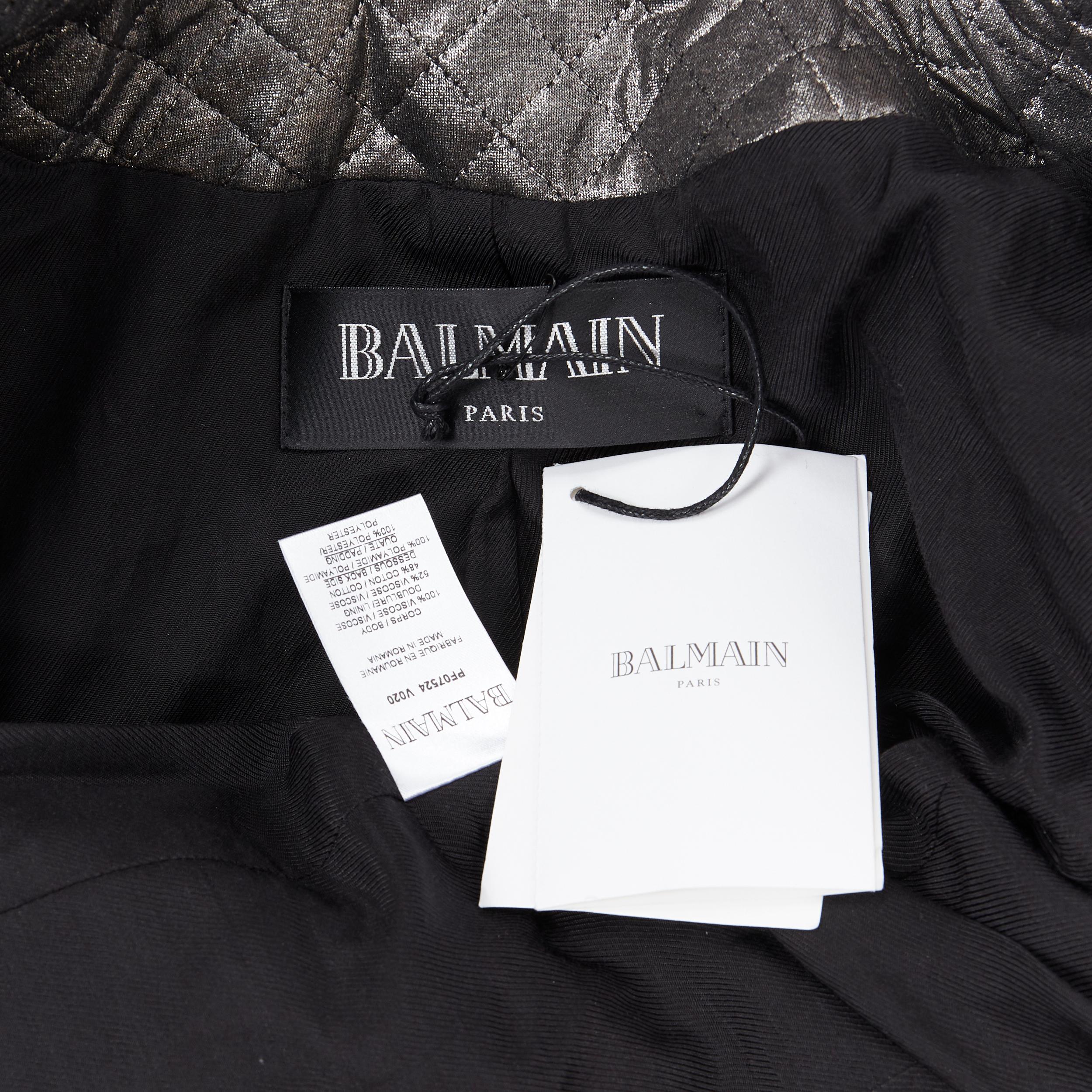 new BALMAIN gunmetal silver quilted military double breasted blazer jacket FR36 7