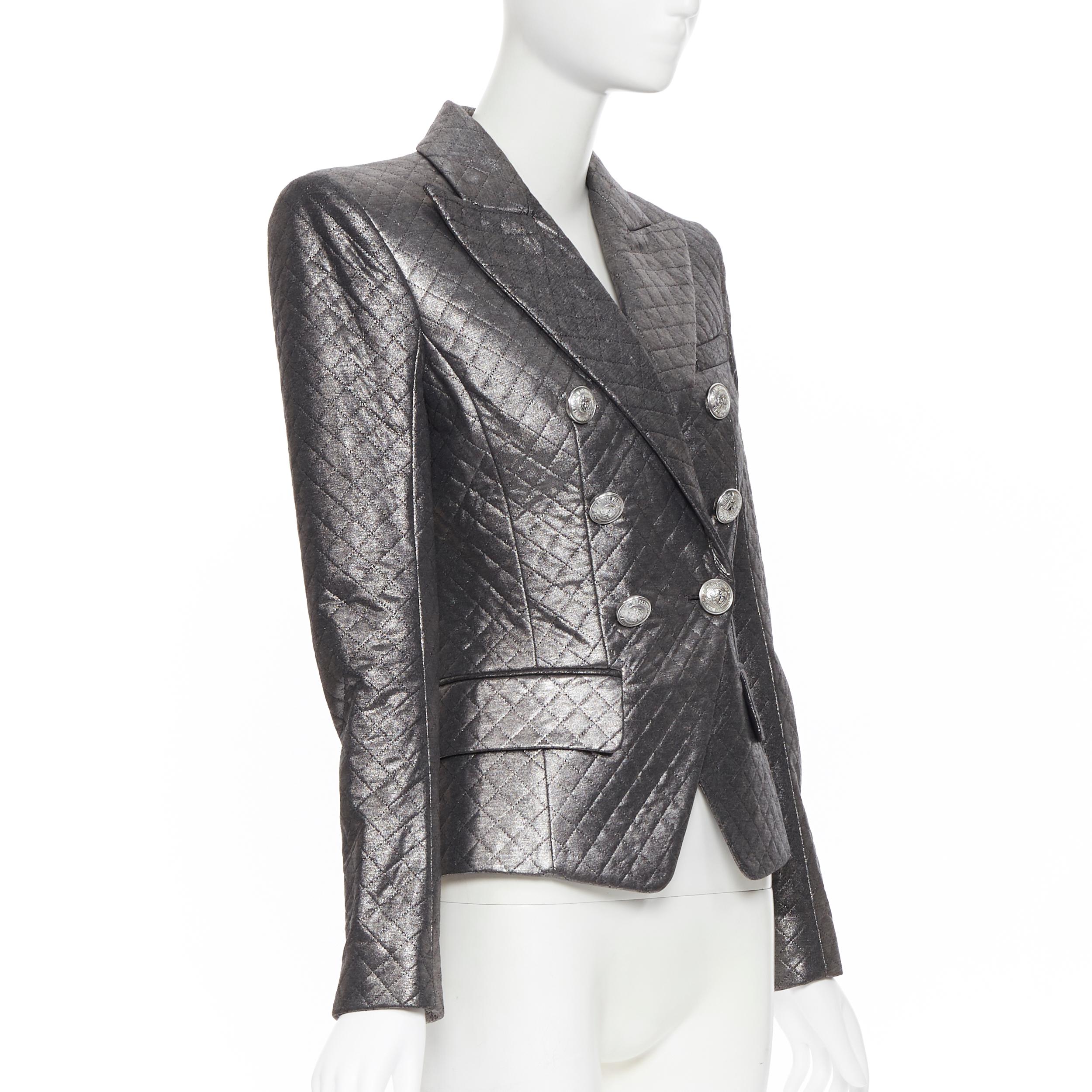 new BALMAIN gunmetal silver quilted military double breasted blazer jacket FR36 In New Condition In Hong Kong, NT