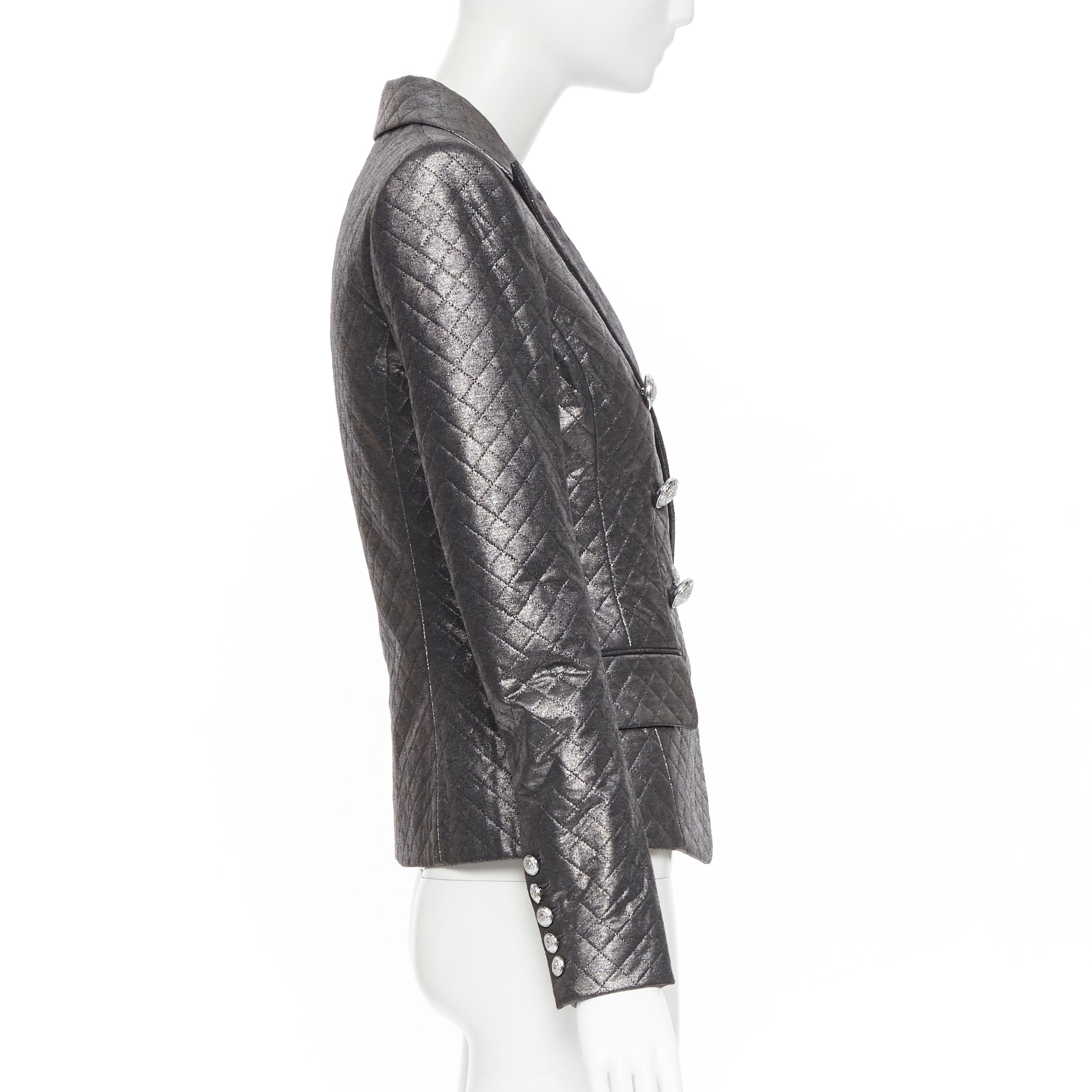 Women's new BALMAIN gunmetal silver quilted military double breasted blazer jacket FR36