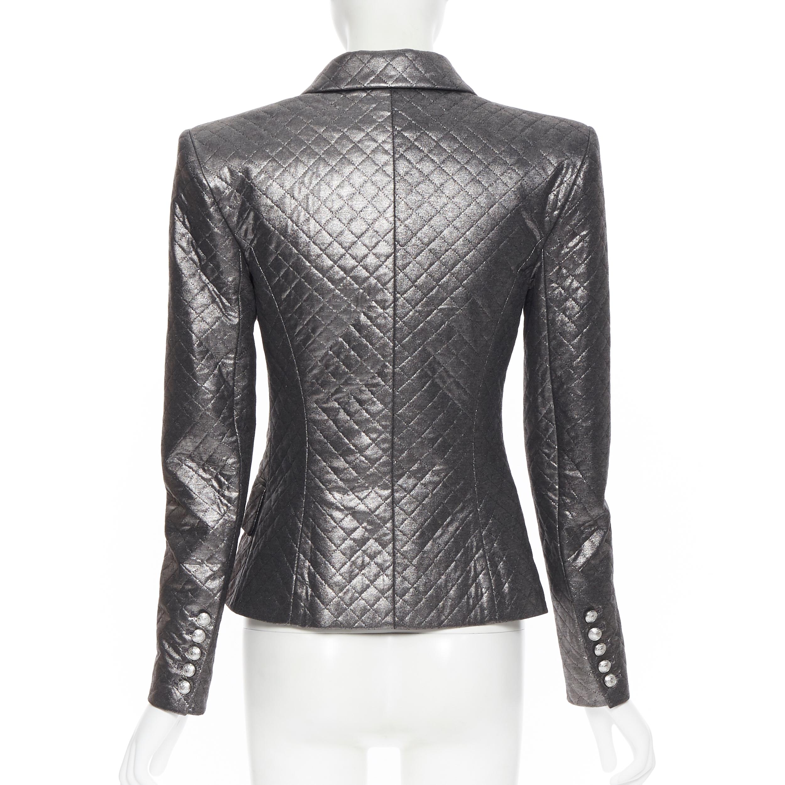 new BALMAIN gunmetal silver quilted military double breasted blazer jacket FR36 1