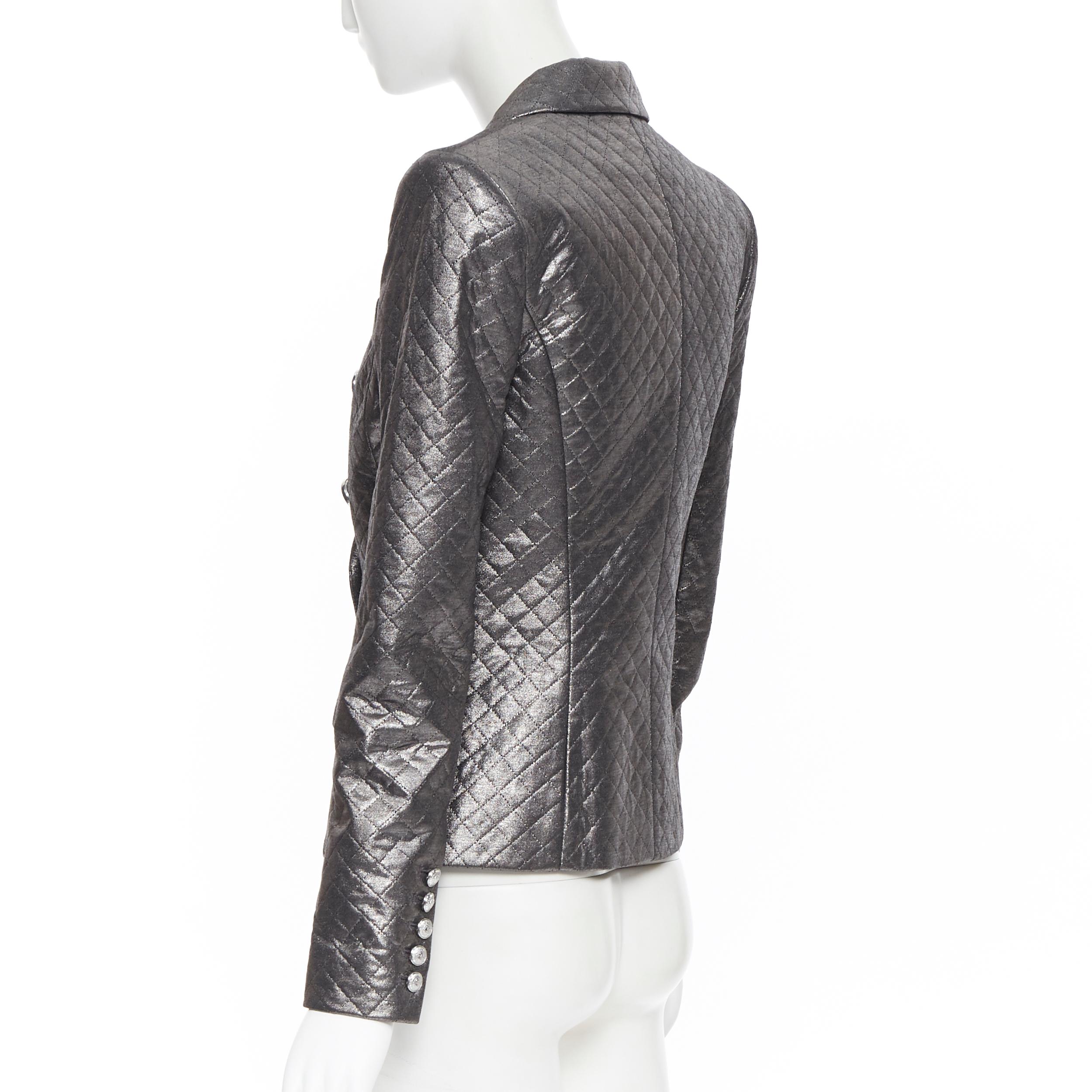 new BALMAIN gunmetal silver quilted military double breasted blazer jacket FR36 In New Condition For Sale In Hong Kong, NT