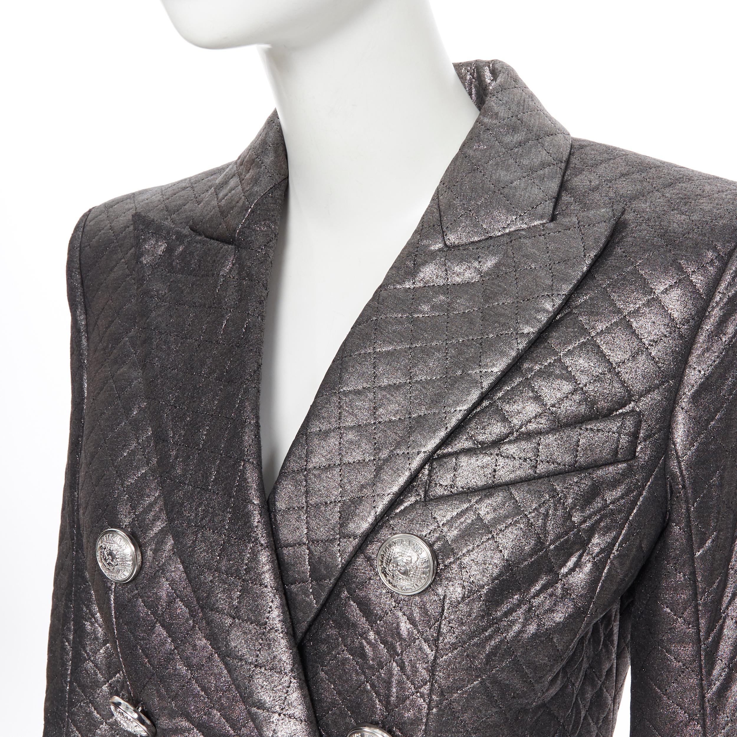 Women's new BALMAIN gunmetal silver quilted military double breasted blazer jacket FR36 For Sale