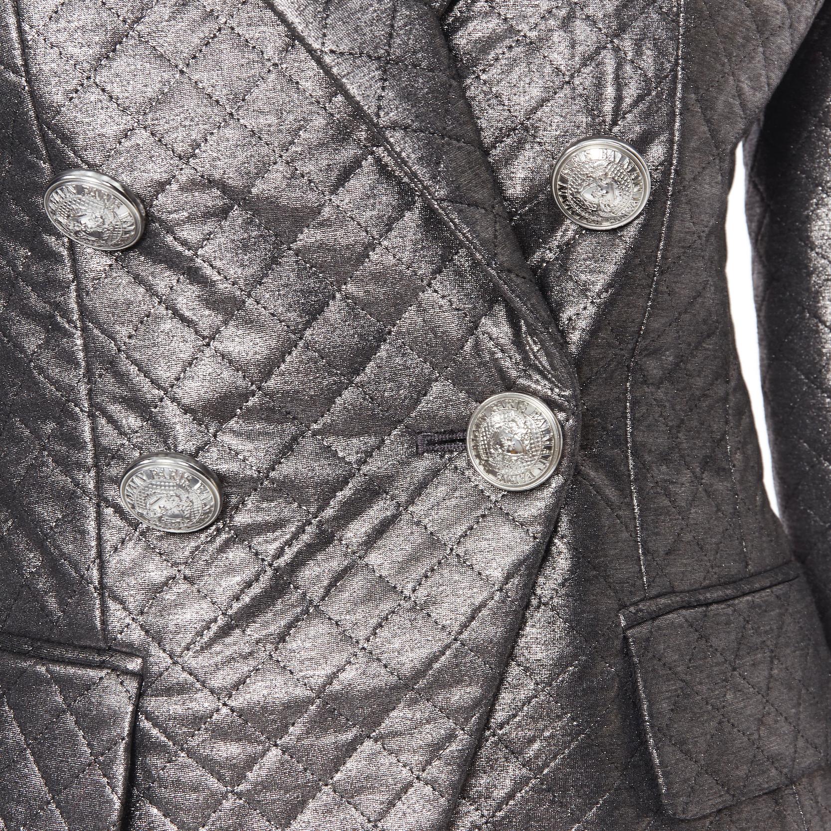 new BALMAIN gunmetal silver quilted military double breasted blazer jacket FR36 4