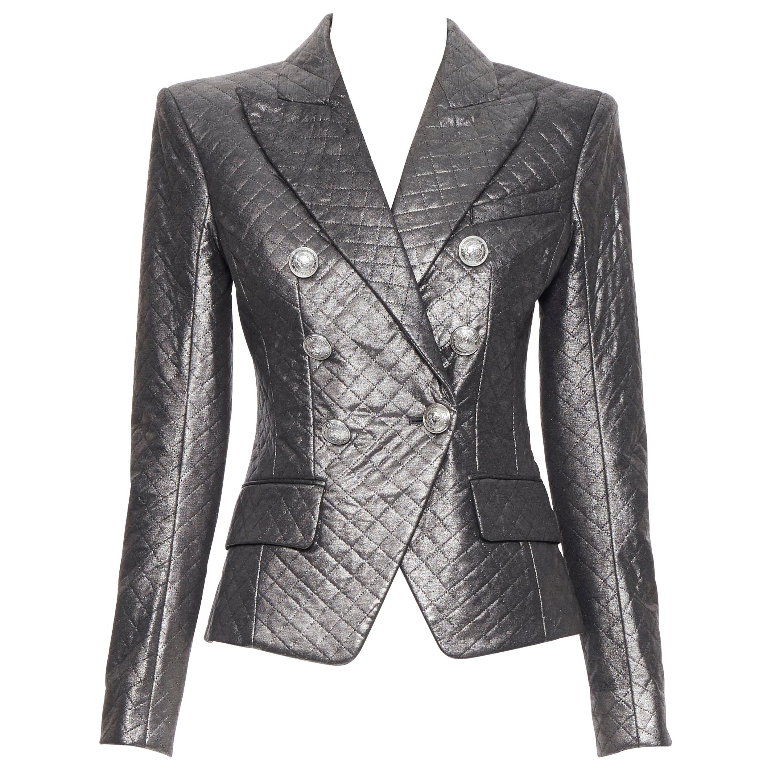 new BALMAIN gunmetal silver quilted military double breasted blazer jacket FR36