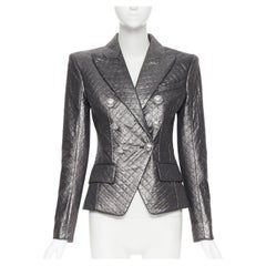 new BALMAIN gunmetal silver quilted military double breasted blazer jacket FR36
