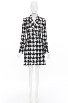 new BALMAIN houndstooth black white tweed double breasted military coat FR34 XS