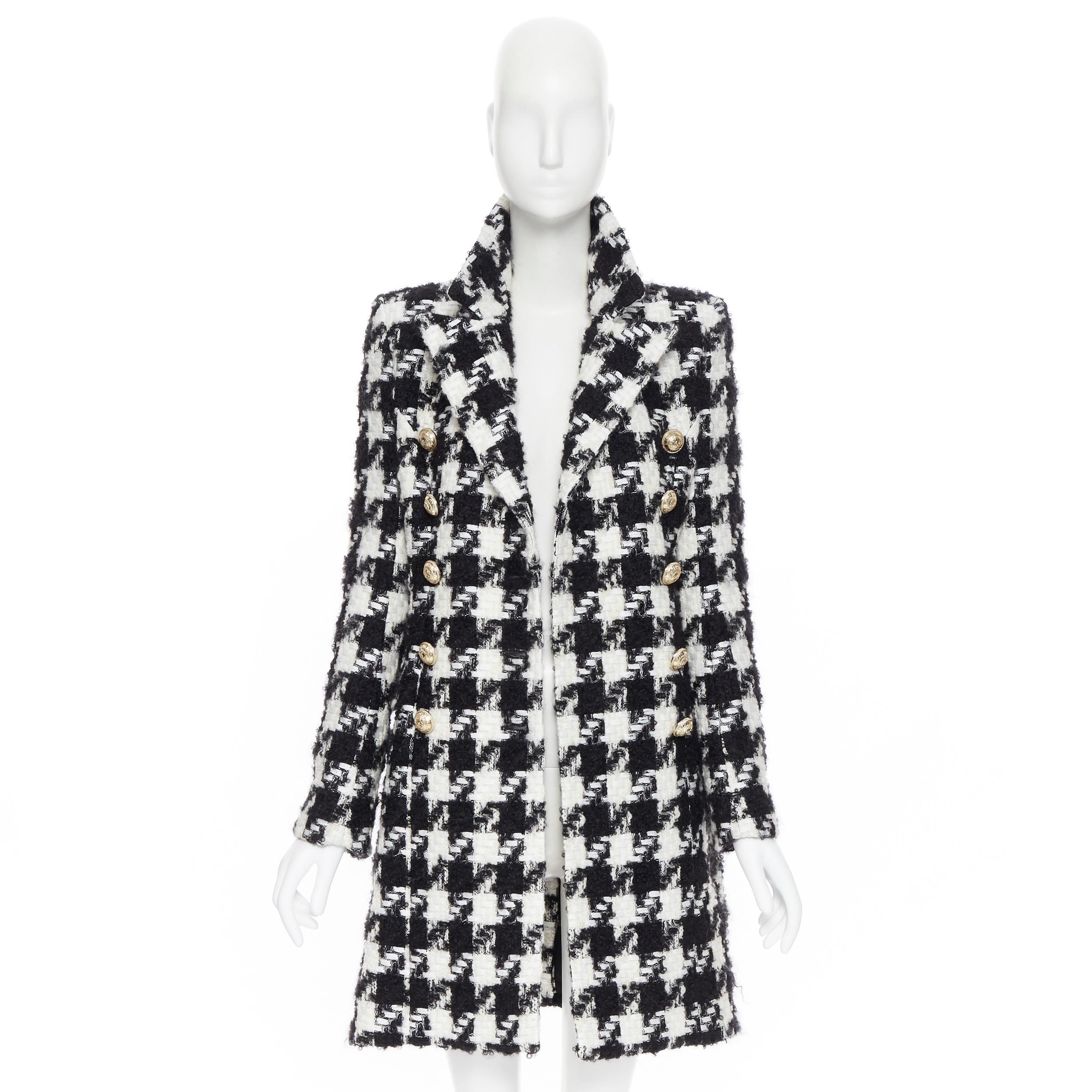 Nero nuovo Balmain pied-de-poule nero bianco tweed doppiopetto militare FR34 XS