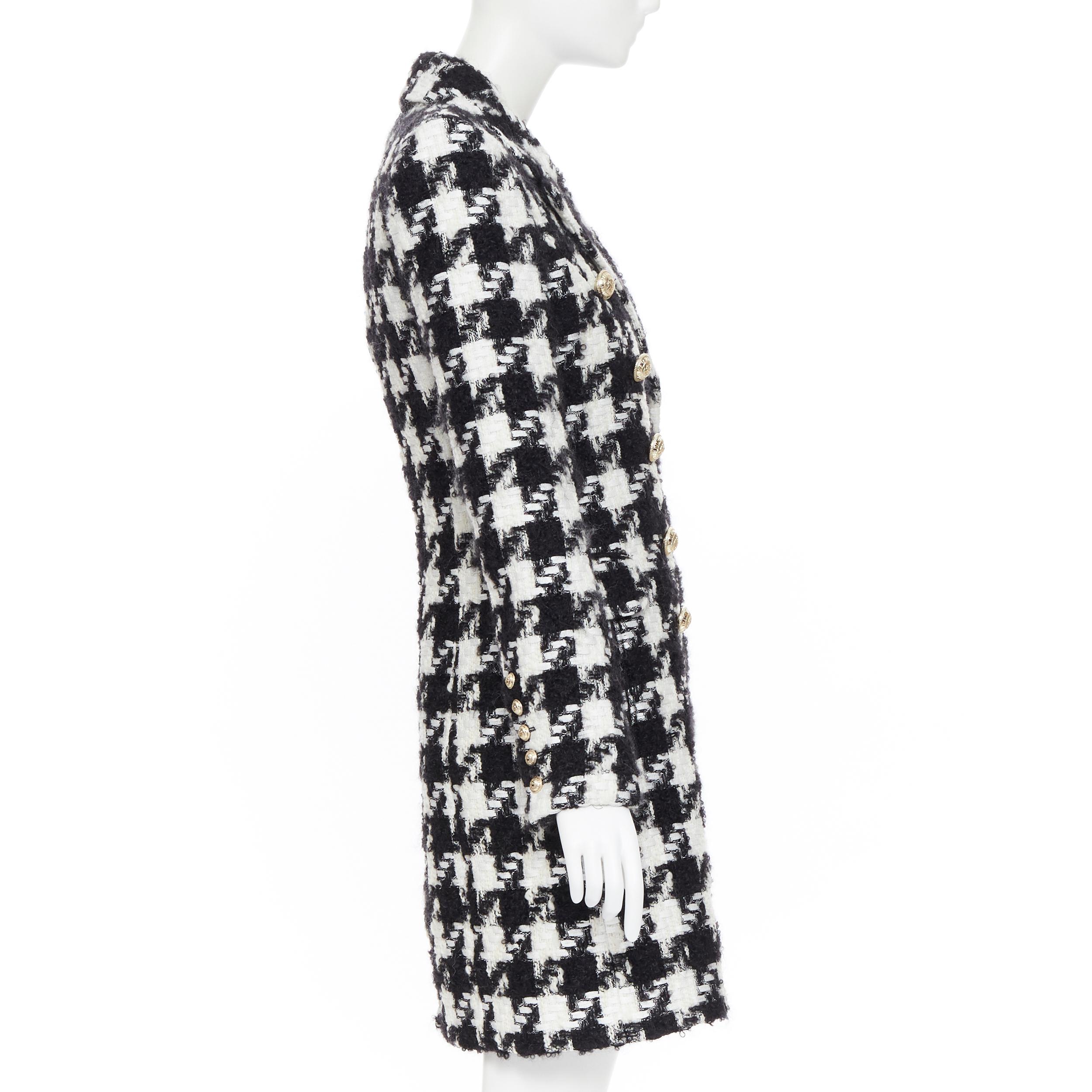 Black new BALMAIN houndstooth black white tweed double breasted military coat FR34 XS