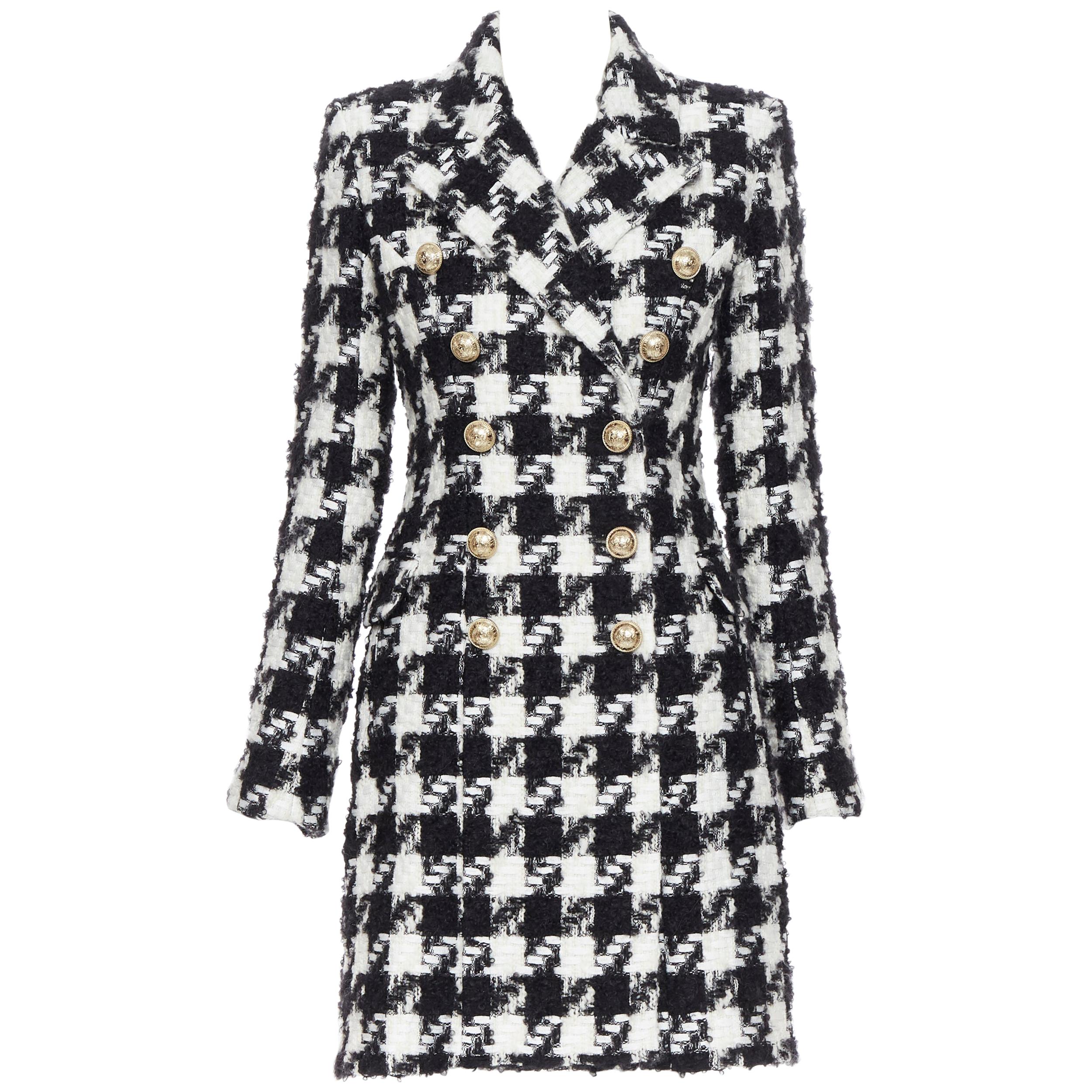 new BALMAIN houndstooth black white tweed double breasted military coat FR34 XS