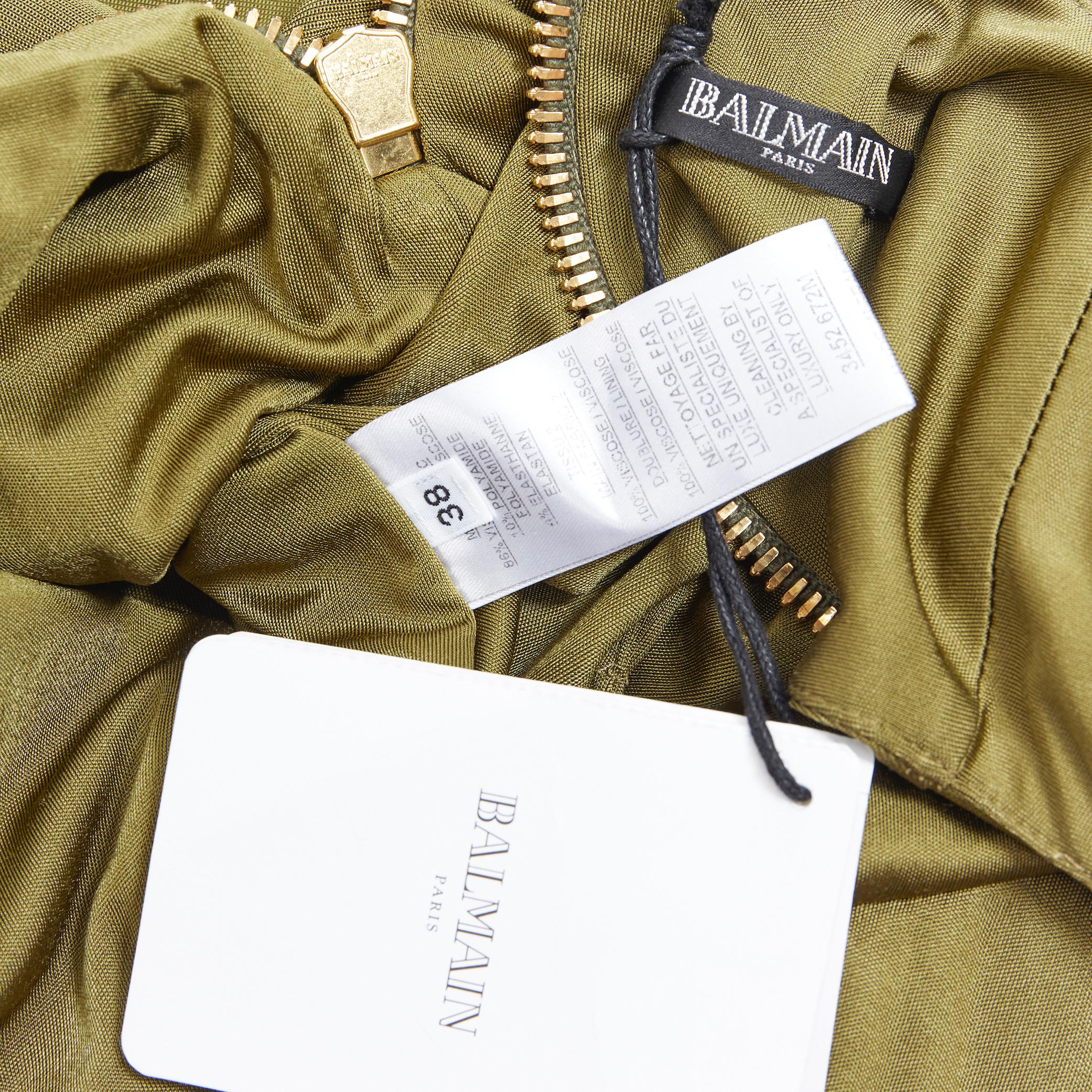 new BALMAIN military khaki green gold double breasted wrap bodycon dress IT38 For Sale 3