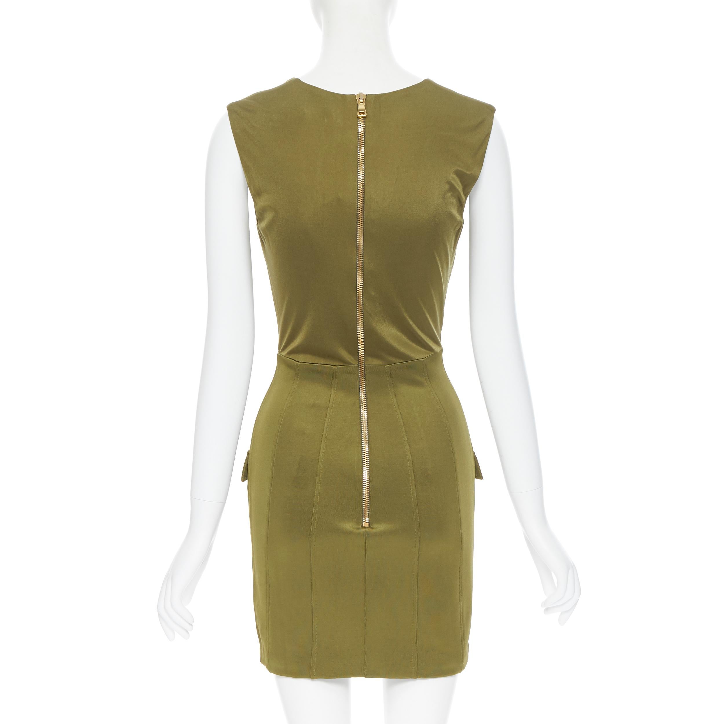 Brown new BALMAIN military khaki green gold double breasted wrap bodycon dress IT38 For Sale