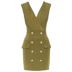new BALMAIN military khaki green gold double breasted wrap bodycon dress IT38