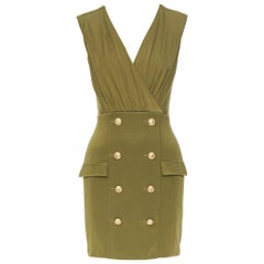 new BALMAIN military khaki green gold double breasted wrap bodycon dress IT38