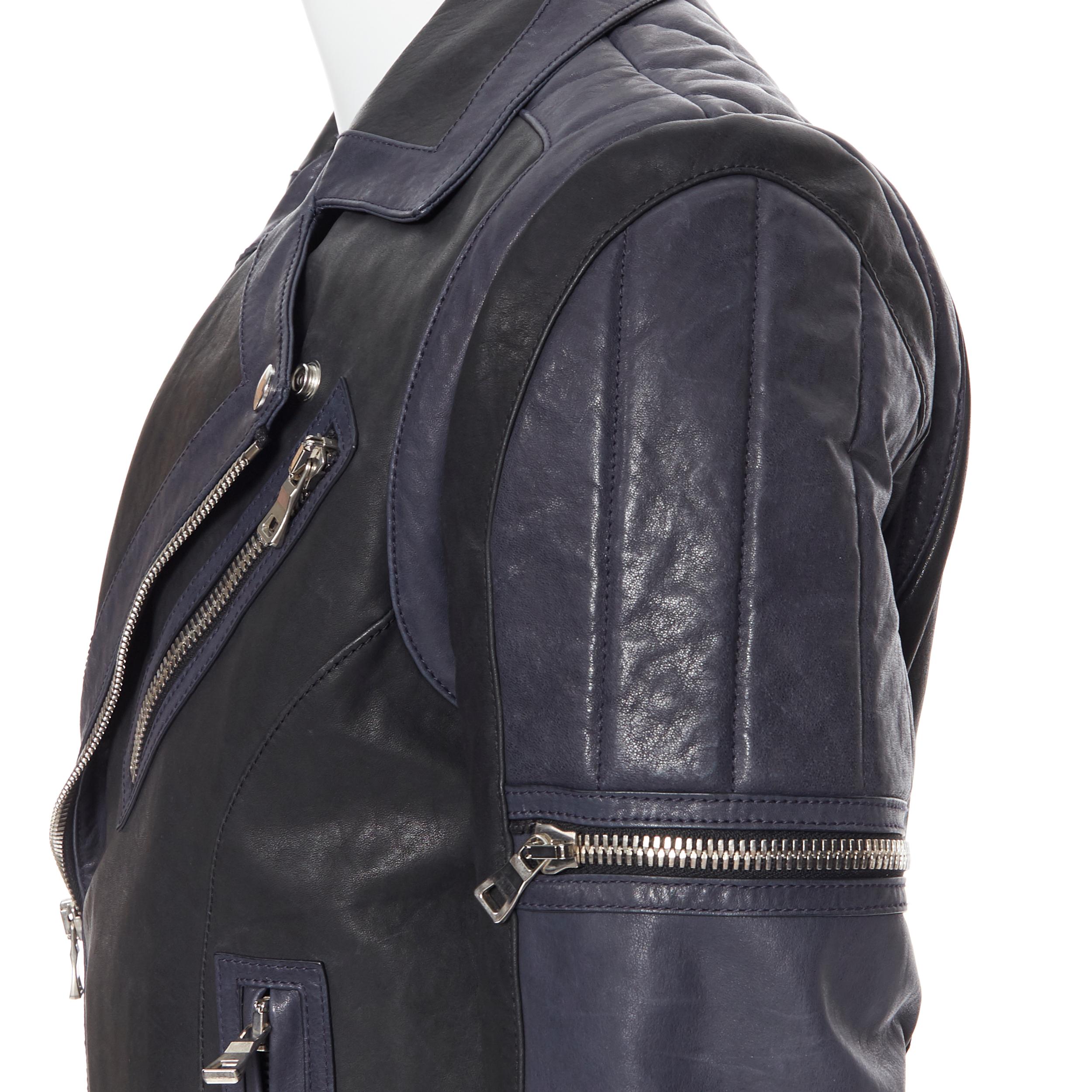 new BALMAIN navy blue black leather ribbed motorcycle biker jacket EU48 M For Sale 2