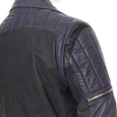 new BALMAIN navy blue black leather ribbed motorcycle biker jacket EU48 M