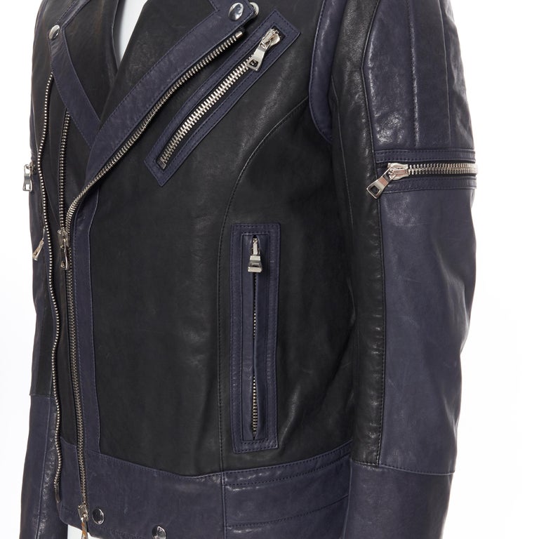 new BALMAIN blue black leather ribbed motorcycle biker jacket M For Sale at 1stDibs