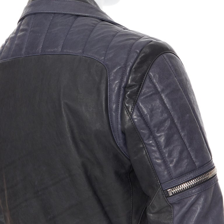 new BALMAIN navy blue black leather ribbed motorcycle biker jacket EU48 M  For Sale at 1stDibs