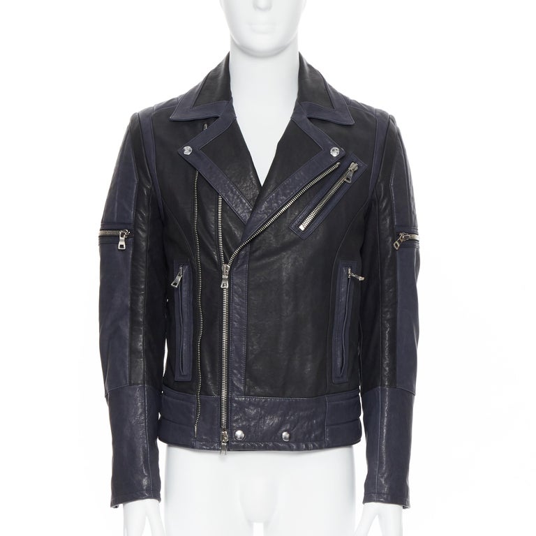 new BALMAIN navy blue black leather ribbed motorcycle biker jacket EU48 M  For Sale at 1stDibs | navy blue motorcycle jacket, balmain motorcycle jacket,  mens blue leather biker jacket