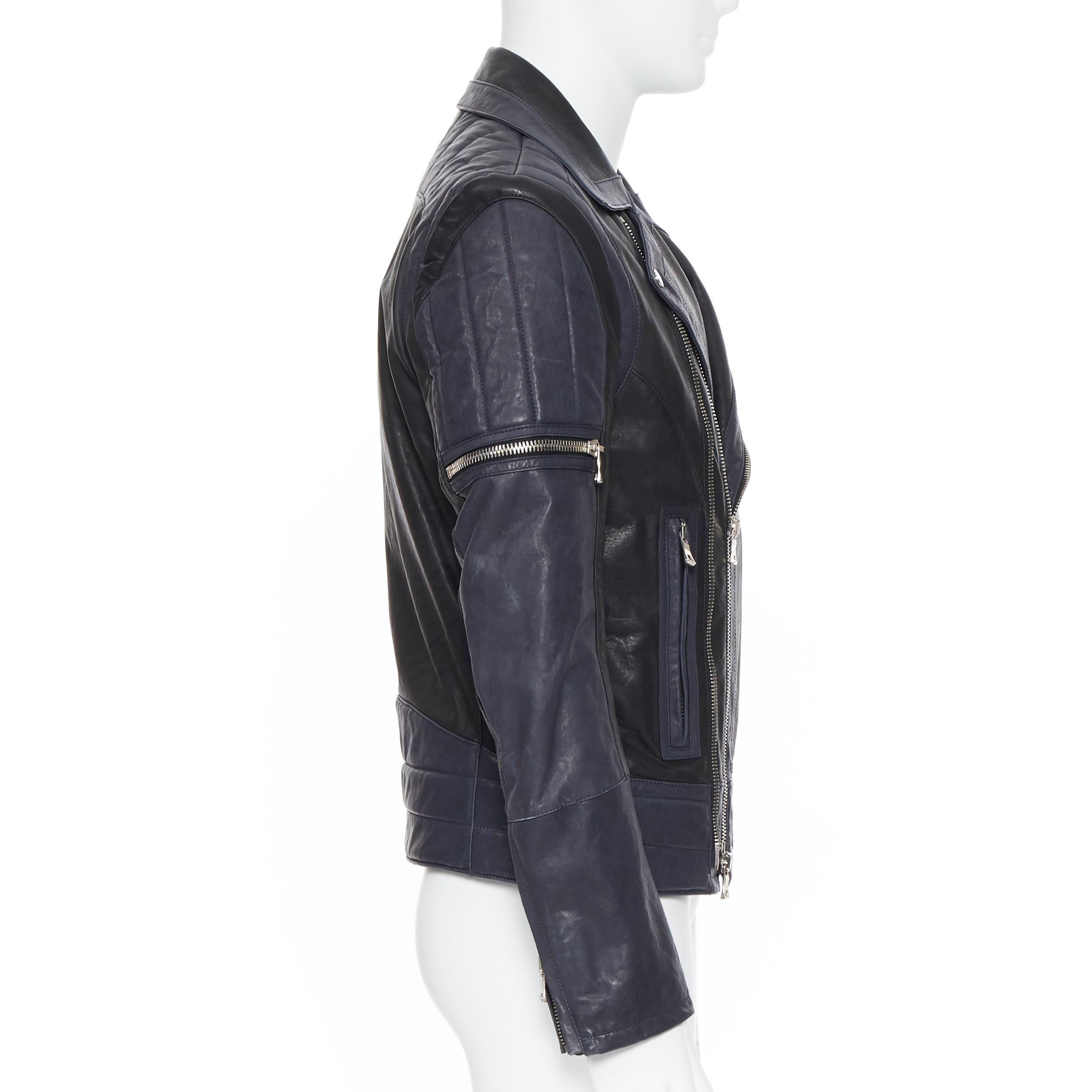 Black new BALMAIN navy blue black leather ribbed motorcycle biker jacket EU48 M For Sale