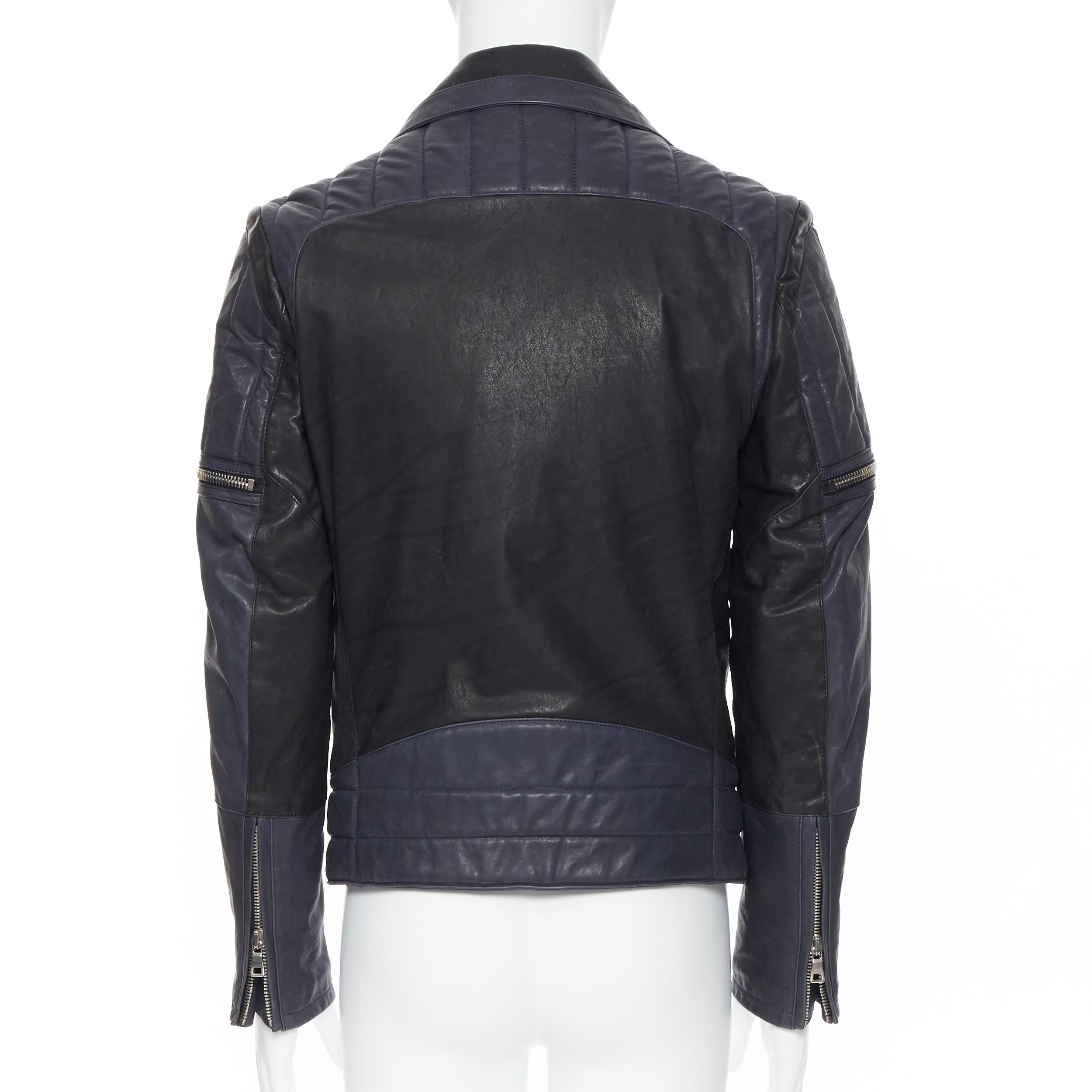 new BALMAIN navy blue black leather ribbed motorcycle biker jacket EU48 M In New Condition For Sale In Hong Kong, NT