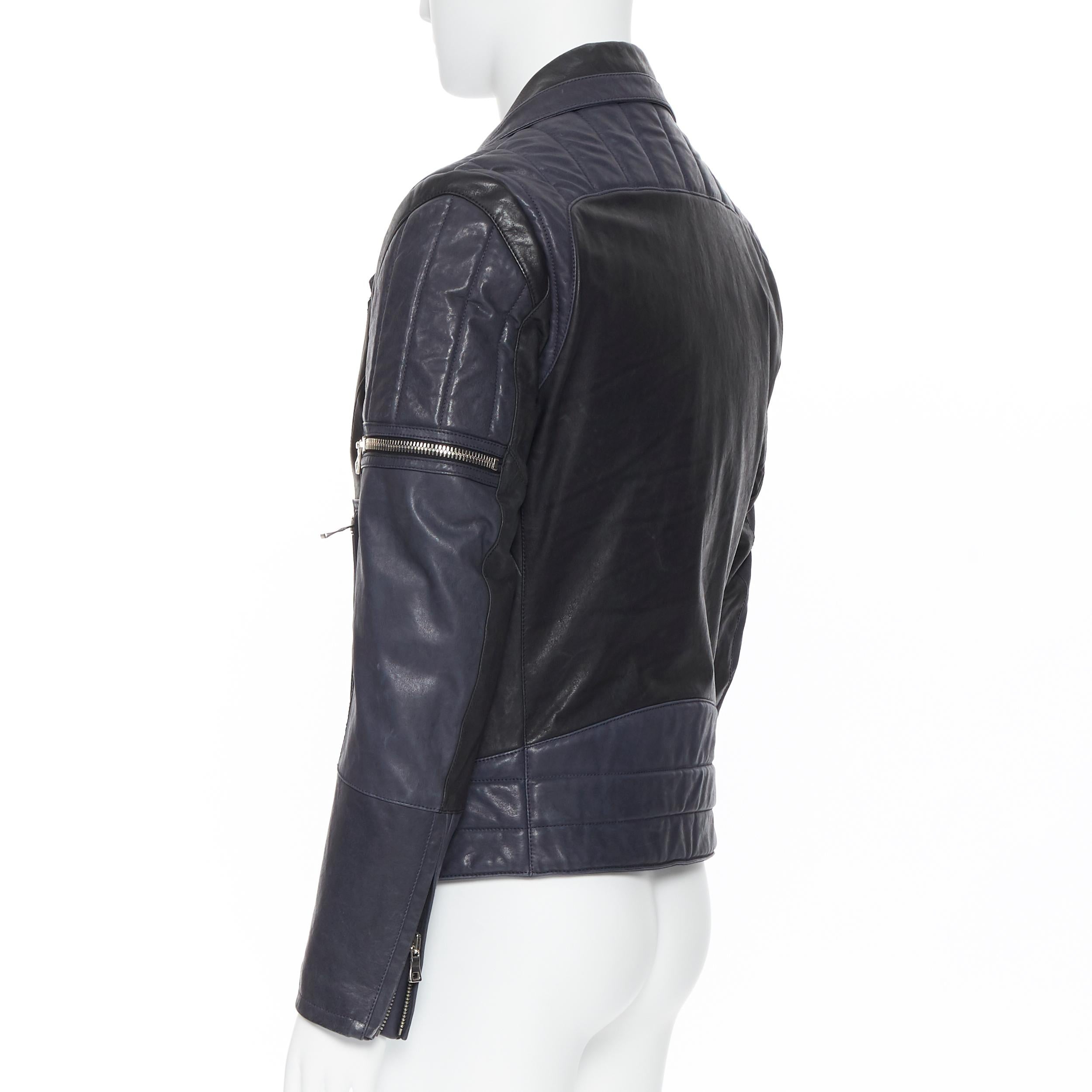 Men's new BALMAIN navy blue black leather ribbed motorcycle biker jacket EU48 M For Sale