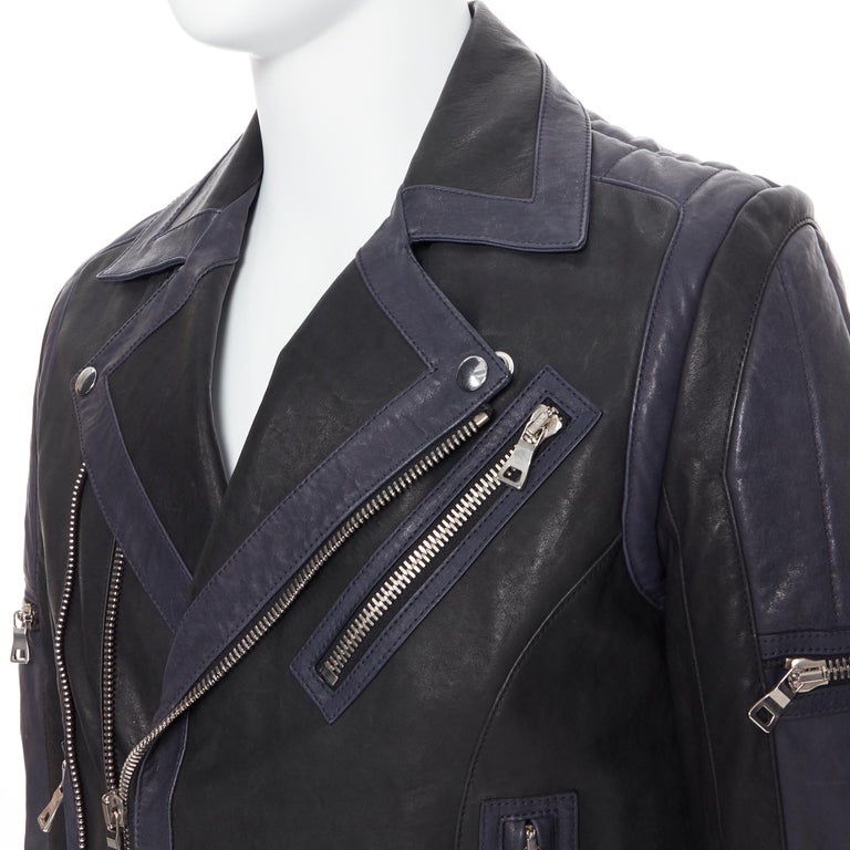 new BALMAIN navy blue black leather ribbed motorcycle biker jacket EU48 M  For Sale at 1stDibs