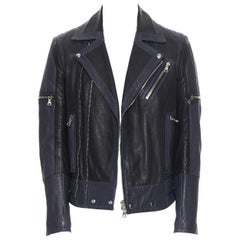 new BALMAIN navy blue black leather ribbed motorcycle biker jacket EU48 M