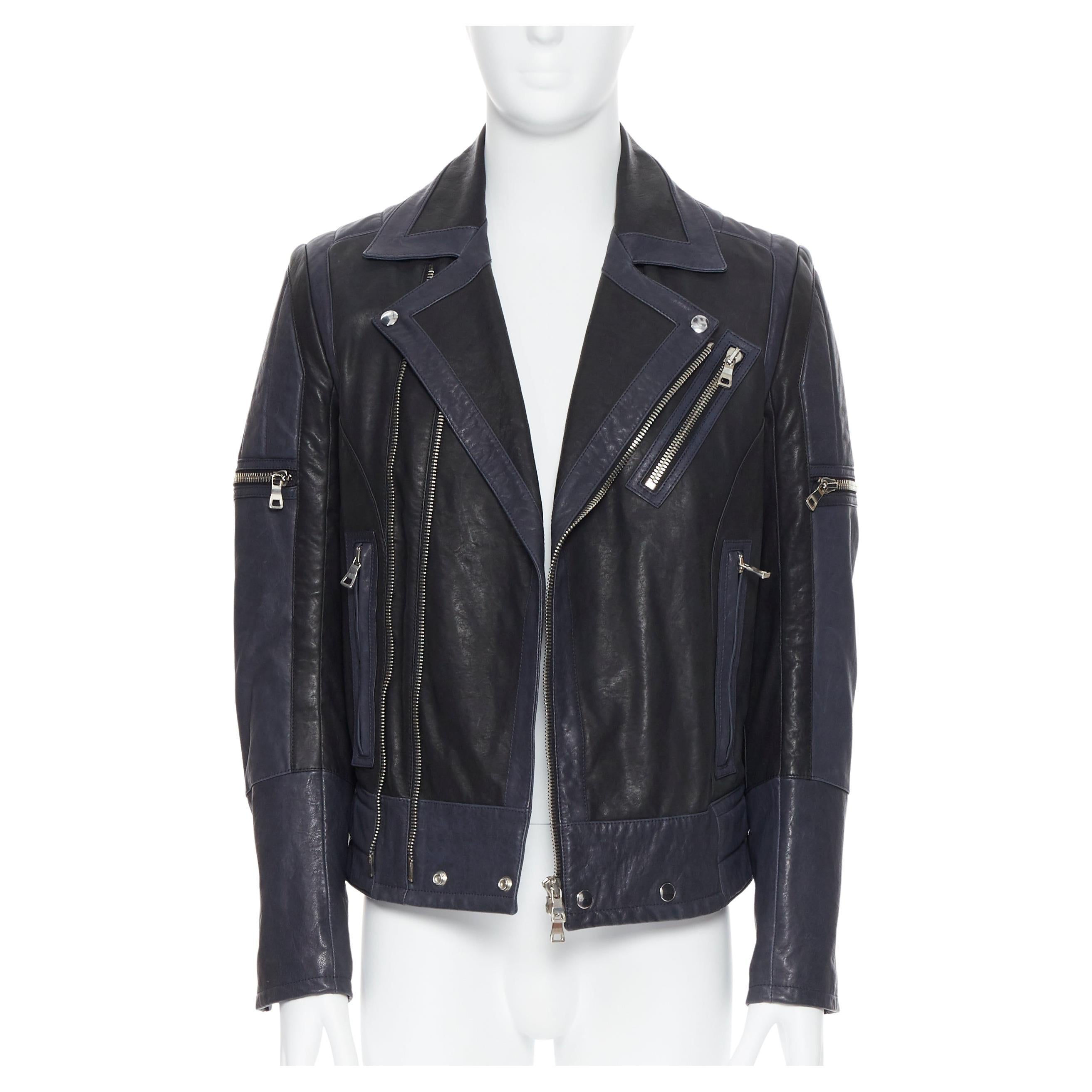 new BALMAIN navy blue black leather ribbed motorcycle biker jacket EU48 M For Sale
