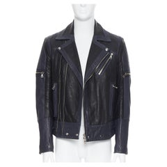 new BALMAIN navy blue black leather ribbed motorcycle biker jacket EU48 M