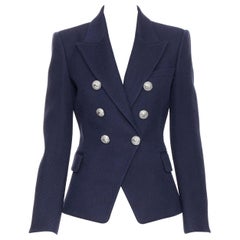 new BALMAIN navy blue wool cotton military double breasted blazer jacket FR38 S
