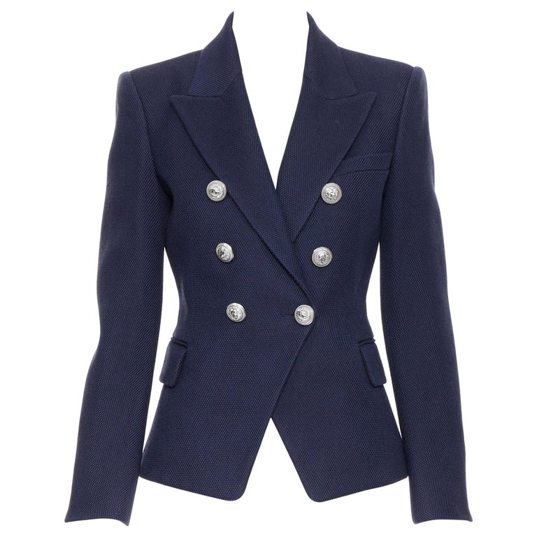 new BALMAIN navy blue wool cotton military double breasted blazer ...