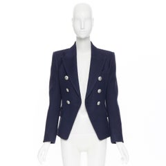new BALMAIN navy blue wool cotton military double breasted blazer jacket FR40 M