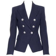 new BALMAIN navy blue wool cotton military double breasted blazer jacket FR40 M