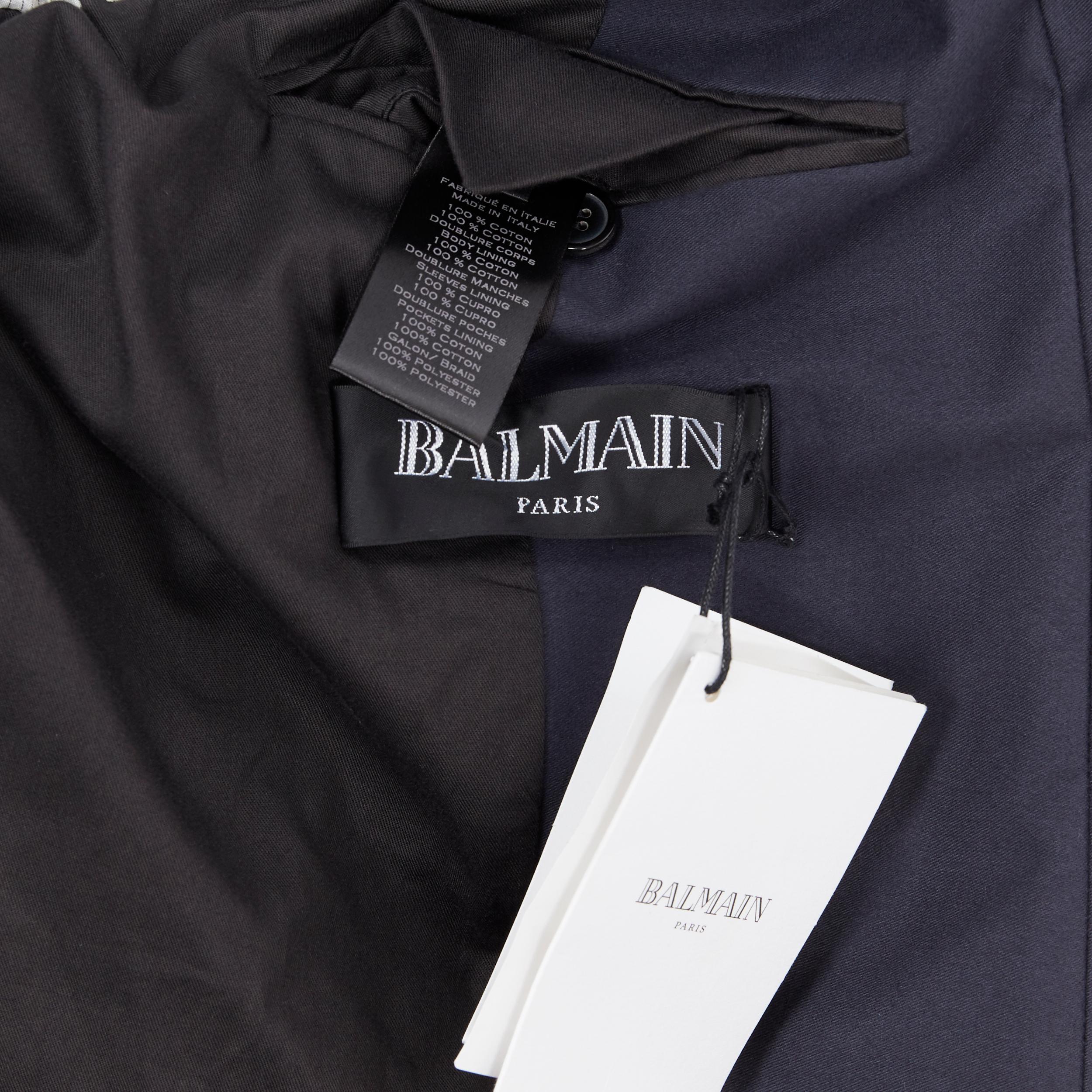 new BALMAIN navy cotton velvet military shawl collar double breasted jacket EU52 For Sale 4