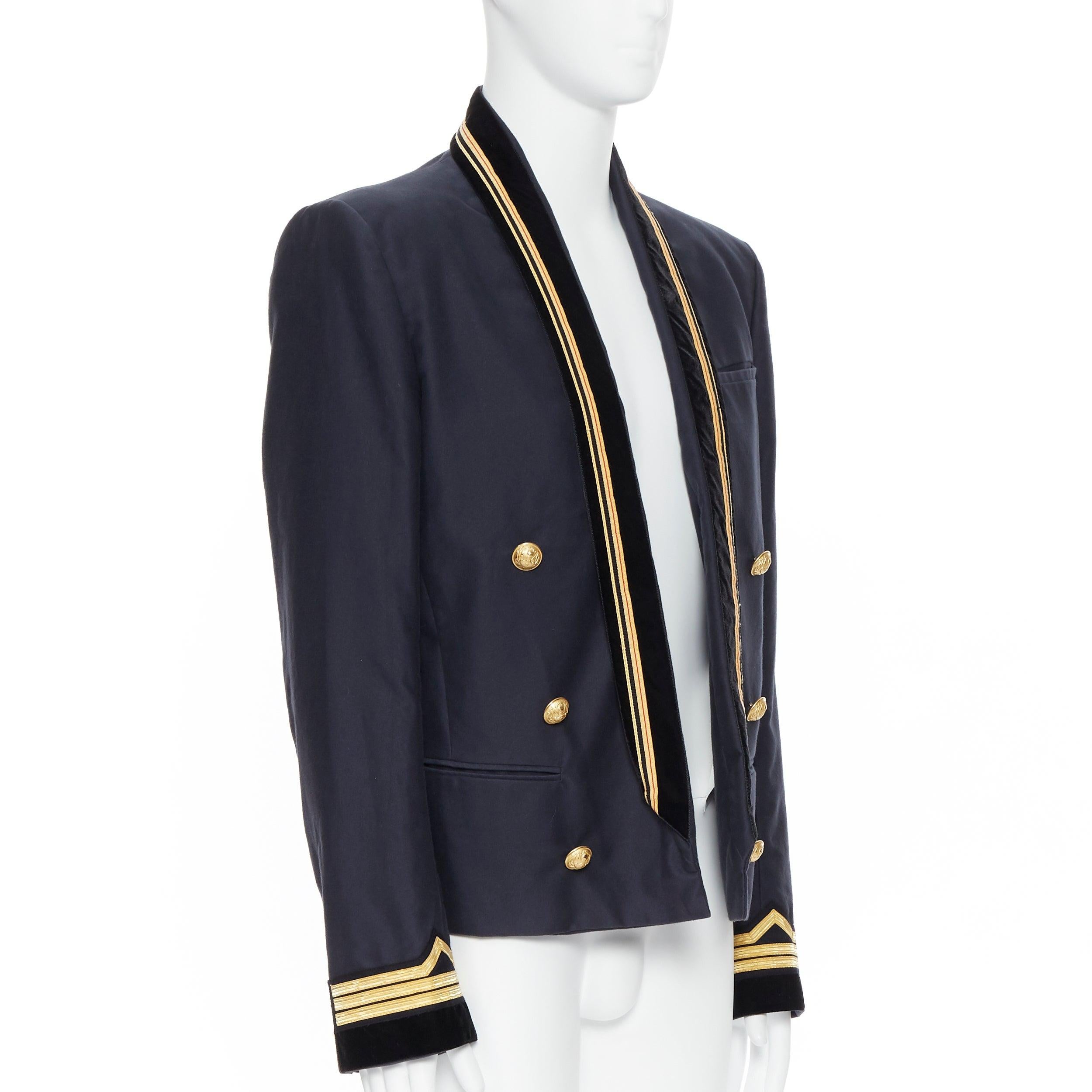new BALMAIN navy cotton velvet military shawl collar double breasted jacket EU52 
Reference: TGAS/A05417 
Brand: Balmain 
Designer: Olivier Rousteing 
Material: Cotton 
Color: Navy 
Pattern: Solid 
Closure: Button 
Extra Detail: BALMAIN style code: