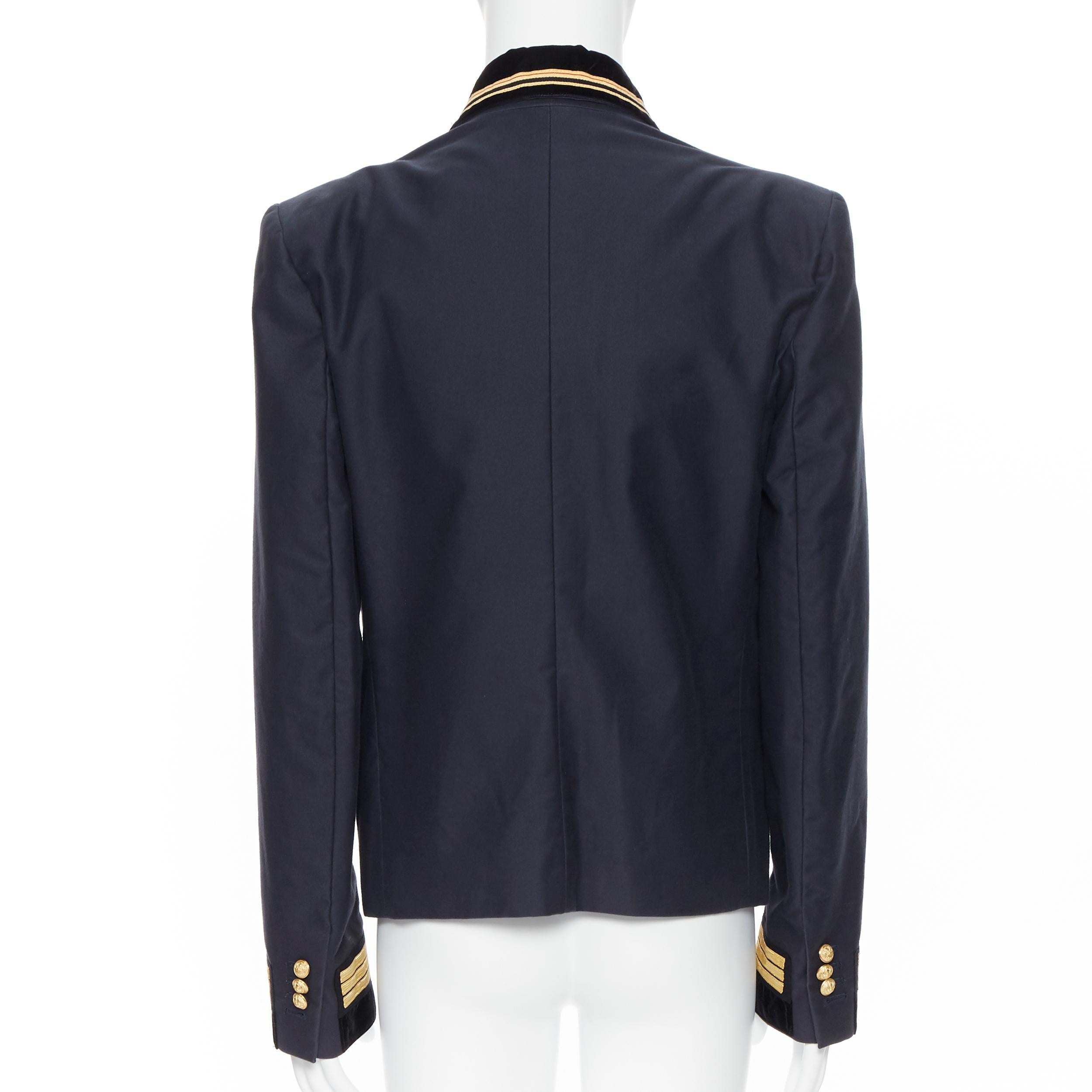 Black new BALMAIN navy cotton velvet military shawl collar double breasted jacket EU52 For Sale