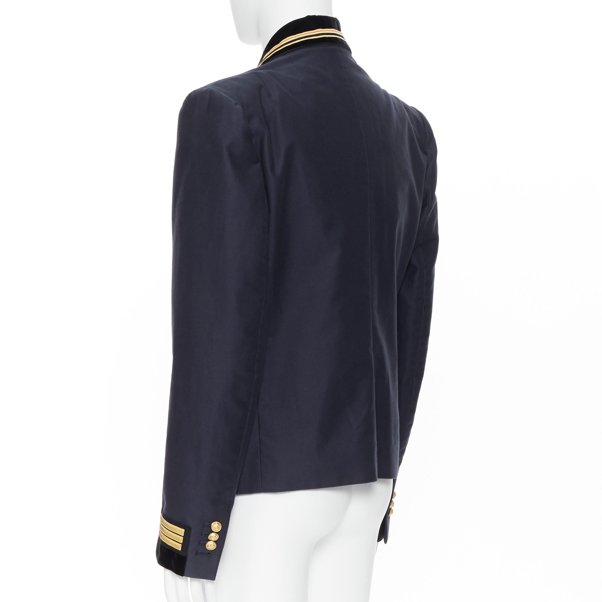 new BALMAIN navy cotton velvet military shawl collar double breasted jacket EU52 In New Condition In Hong Kong, NT