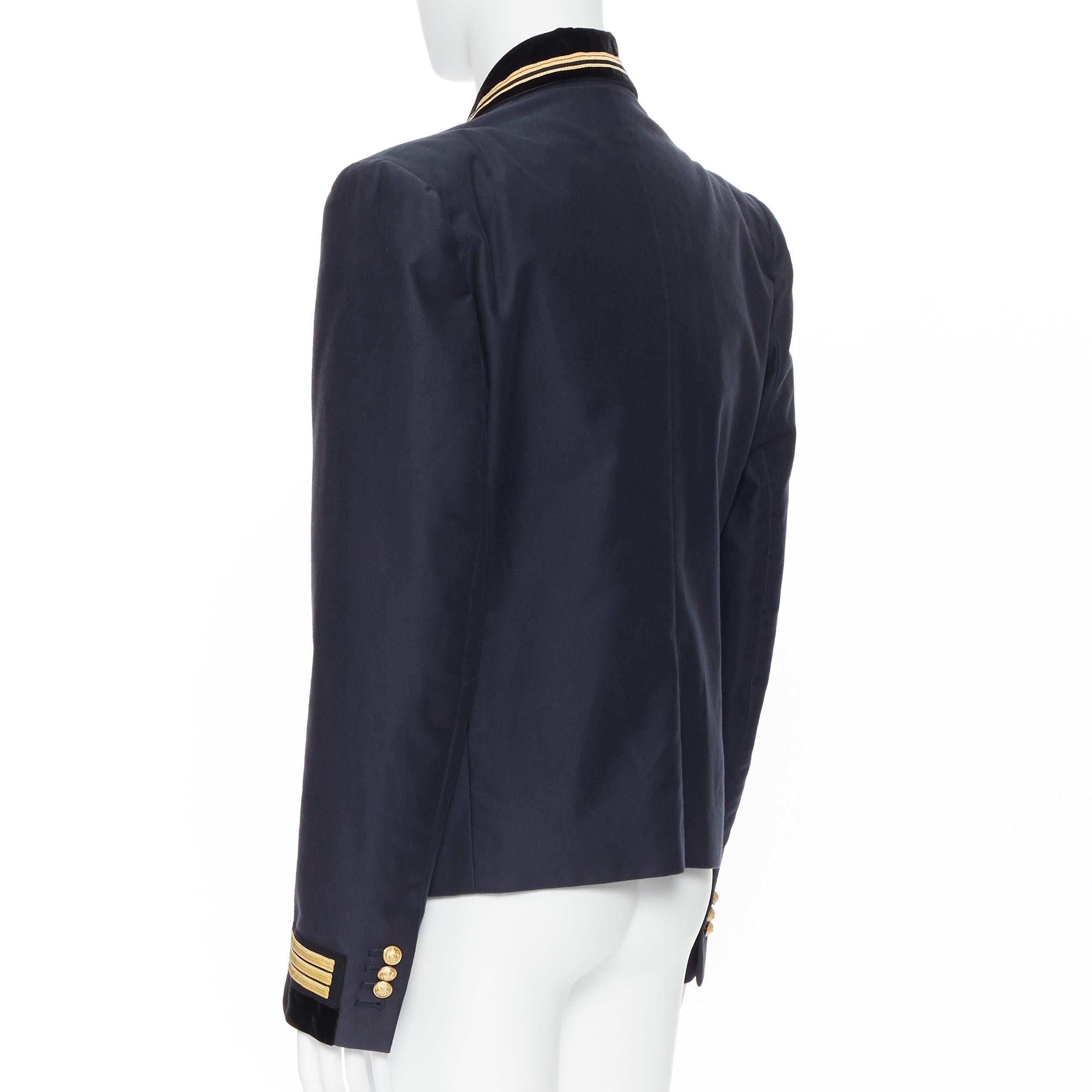new BALMAIN navy cotton velvet military shawl collar double breasted jacket EU52 In New Condition For Sale In Hong Kong, NT