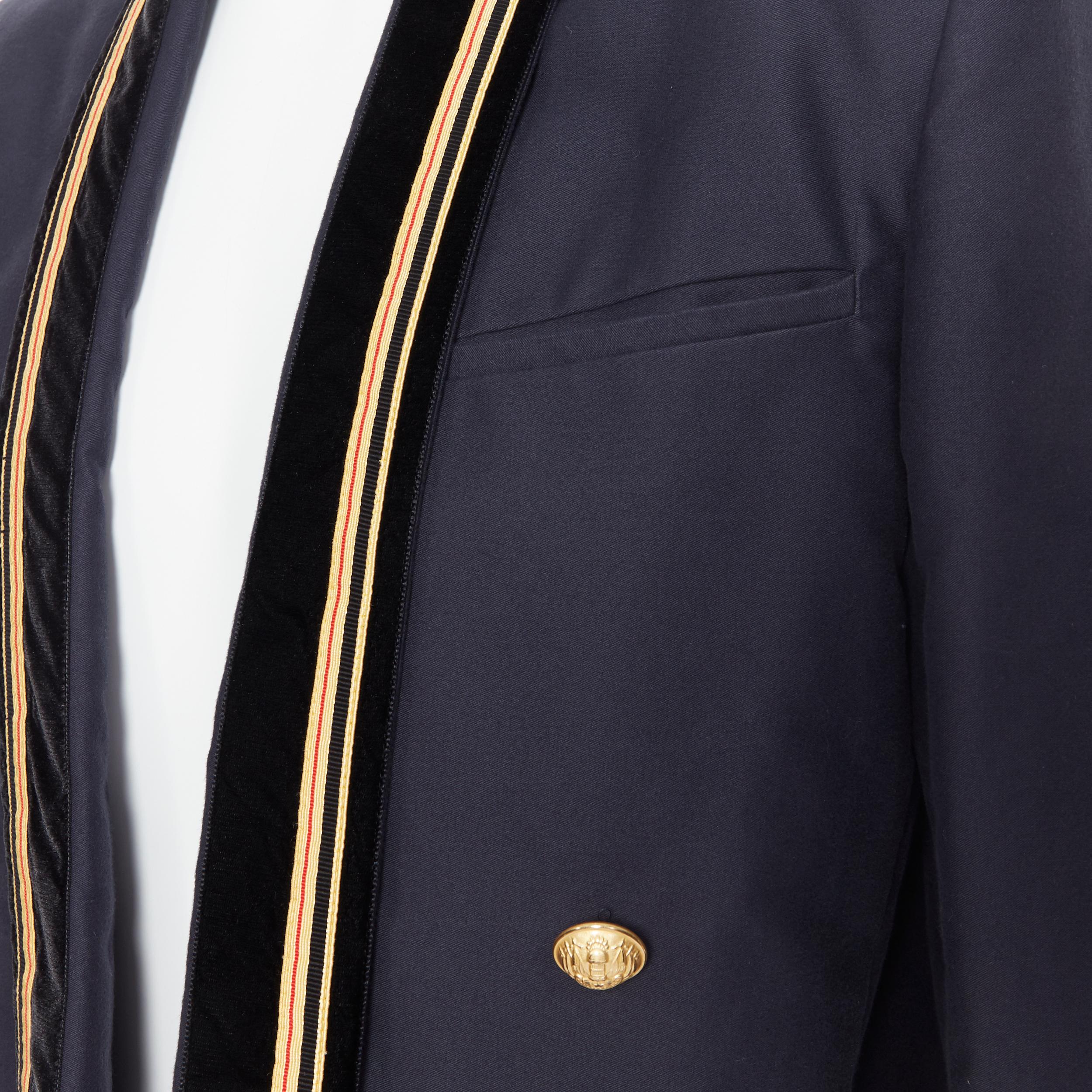 Men's new BALMAIN navy cotton velvet military shawl collar double breasted jacket EU52