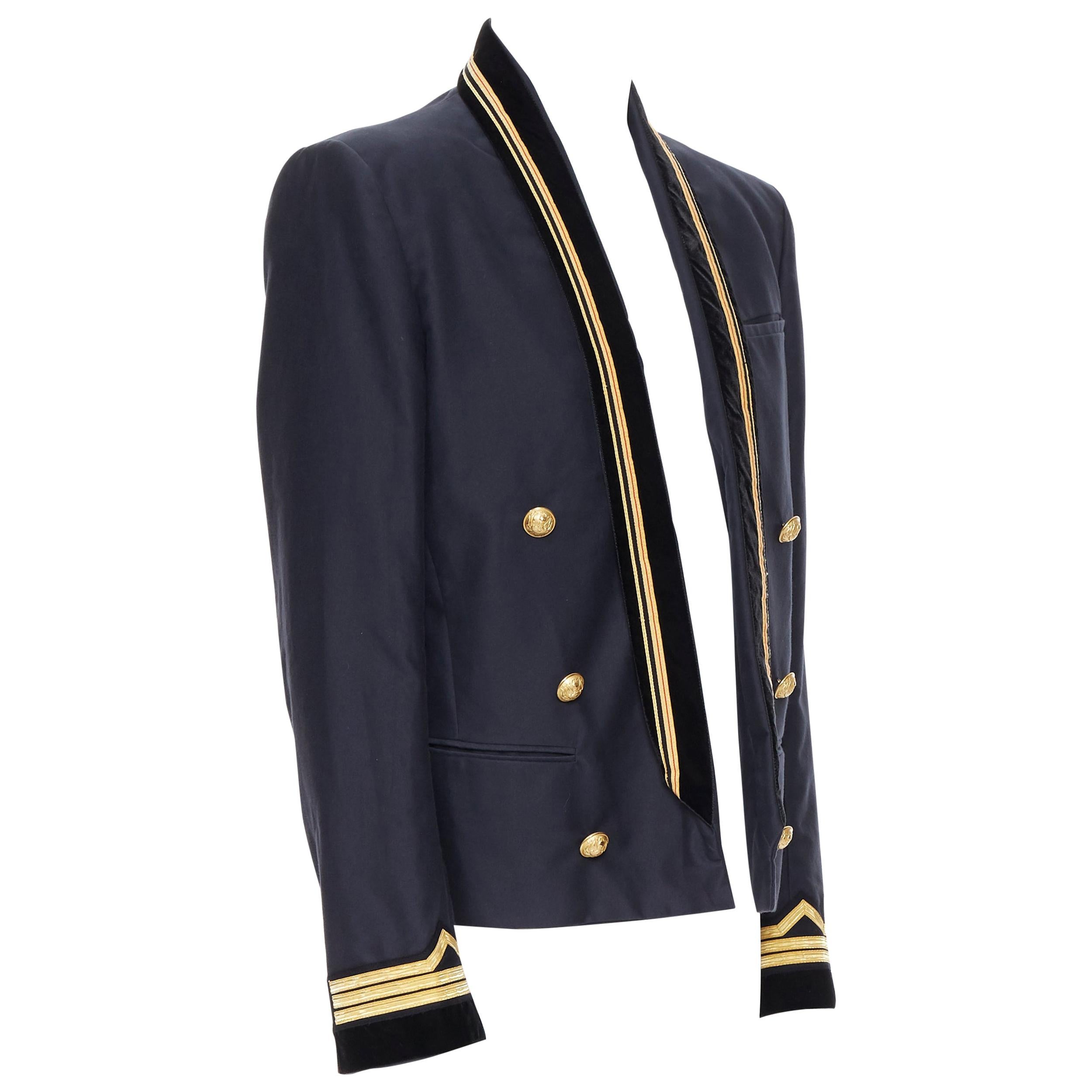 new BALMAIN navy cotton velvet military shawl collar double breasted jacket EU52