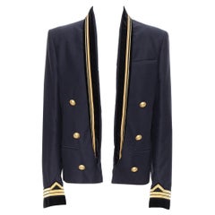 new BALMAIN navy cotton velvet military shawl collar double breasted jacket EU52