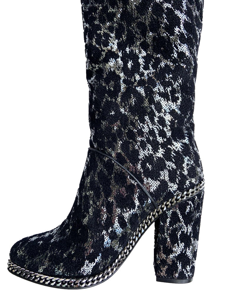Neu Neu Balmain Over-the-Knee Leopard Print Glitter Pailletten Schwarz Silber  Stiefel 39 - 9 im Angebot bei 1stDibs