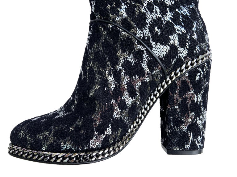 New Balmain Over-the-Knee Print Glitter Sequin Silver Boots 39 - 9 For at 1stDibs