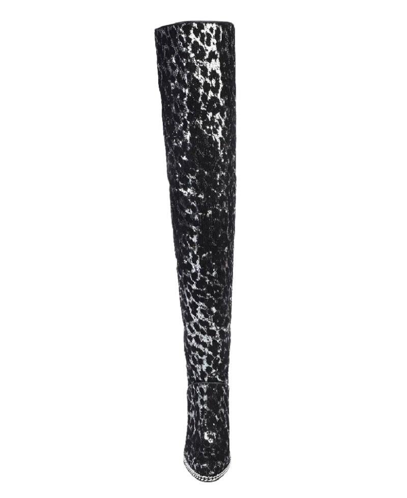 Neu Neu Balmain Over-the-Knee Leopard Print Glitter Pailletten Schwarz Silber Stiefel 39 - 9 Damen im Angebot
