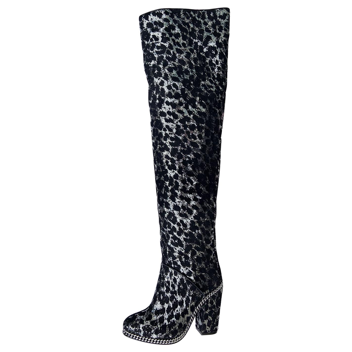 New Balmain Over-the-Knee Leopard Print Glitter Sequin Black Silver Boots 39 - 9