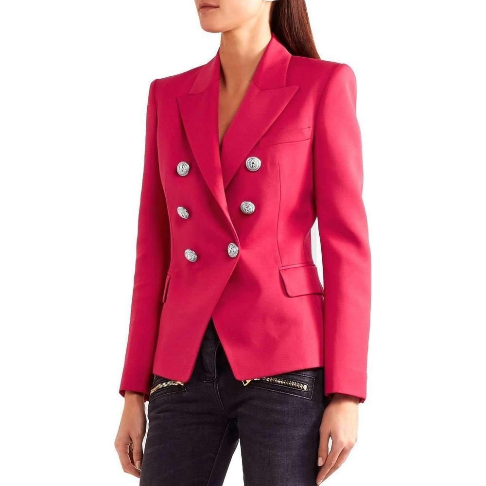 Balmain's iconic blazer receives a glamorous update for the new season: the perfectly tailored double-breasted jacket comes in beautiful red, while the label's signature embossed buttons exemplify the label's fascination with military-inspired