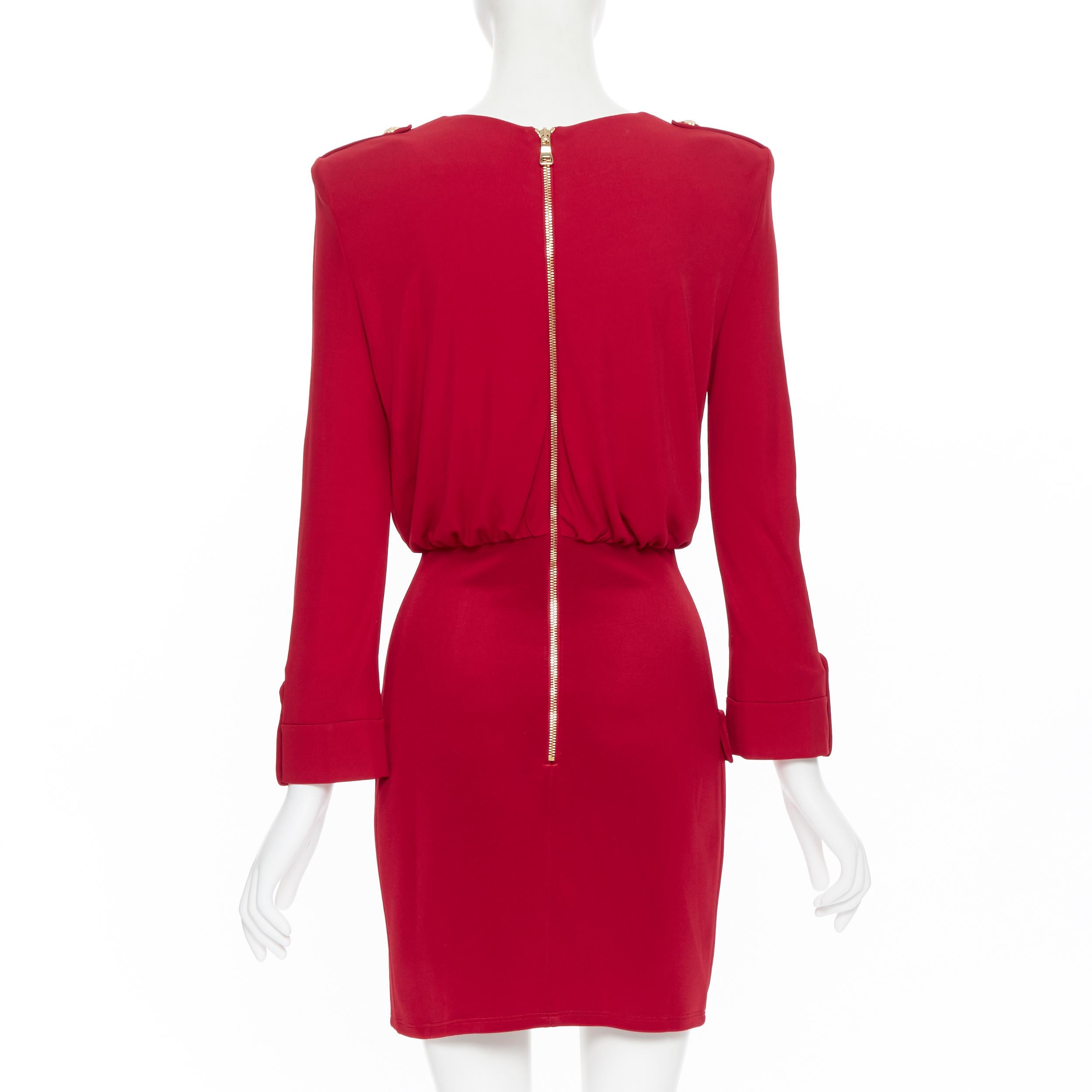 Women's new BALMAIN red wrap viscose top military button embellished skirt dress FR40 M