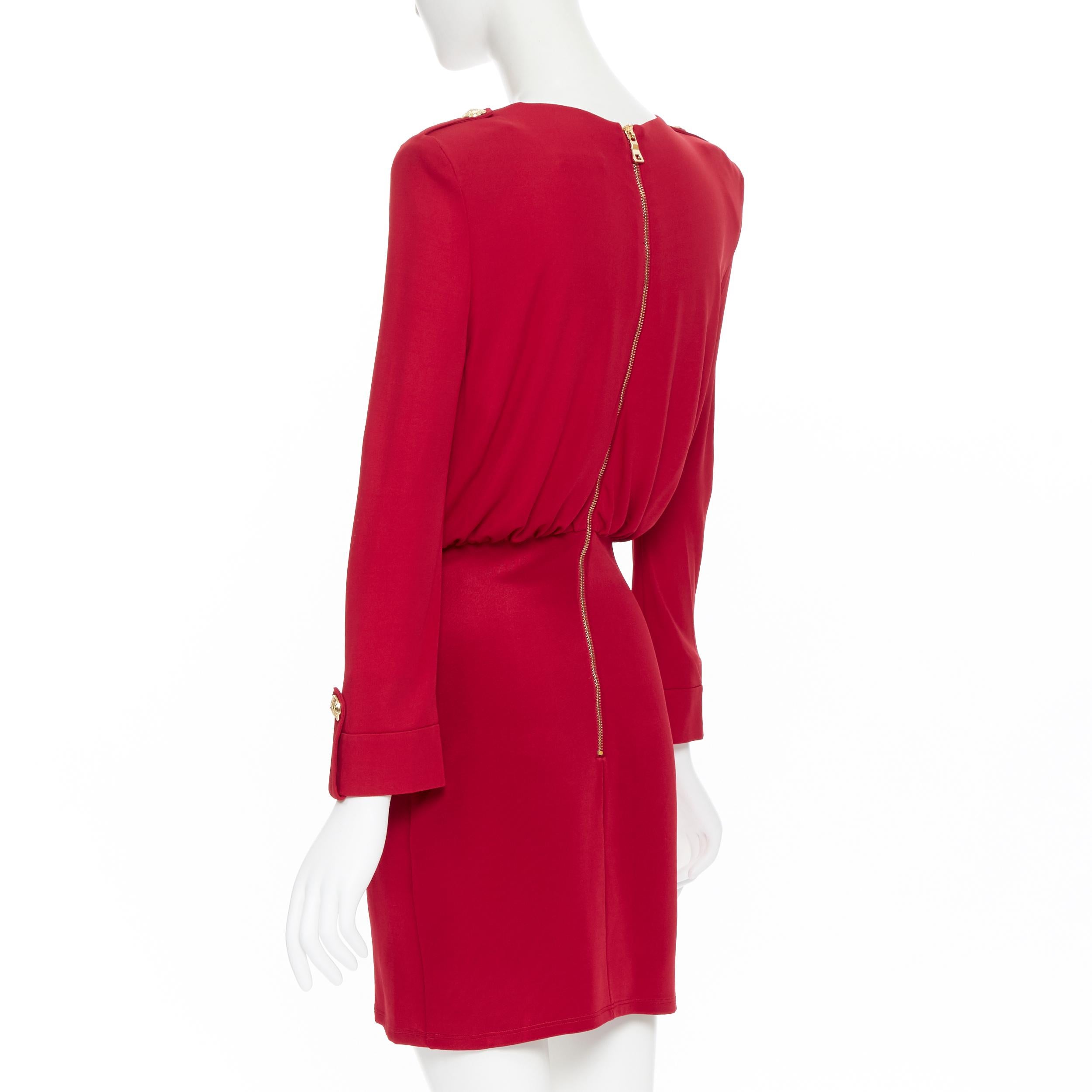 new BALMAIN red wrap viscose top military button embellished skirt dress FR40 M 1