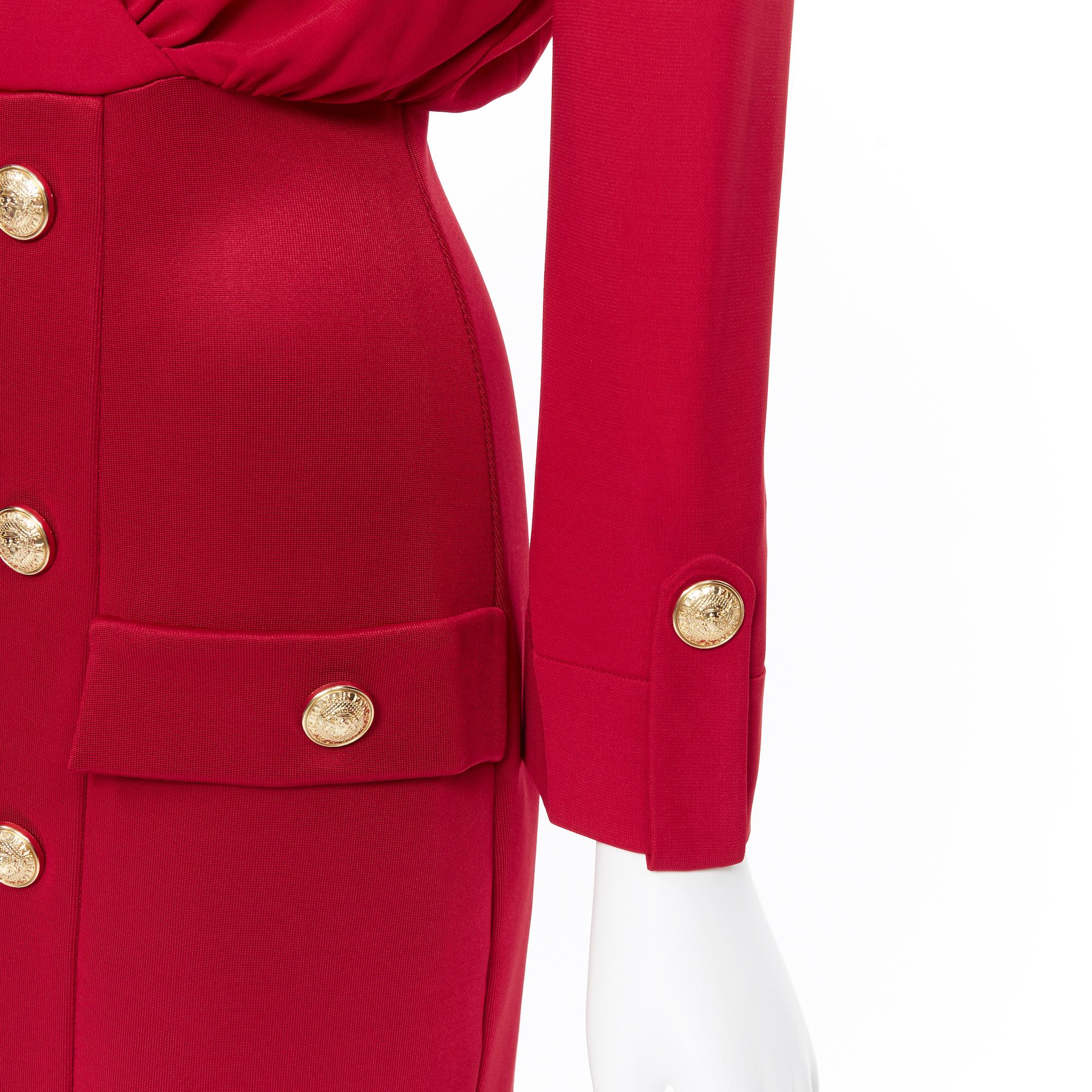 new BALMAIN red wrap viscose top military button embellished skirt dress FR40 M 2